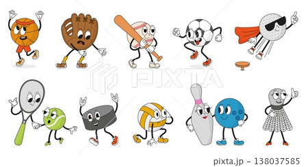 Sport groovy characters. Funny retro style sports mascots. Baseball basketball bowling tennis volleyball golf. Decorative training stickers, neoteric vector set Sport groovy characters. Funny retro style sports mascots. Baseball basketball bowling tennis volleyball golf. Decorative training stickers, neoteric vector set 138037585