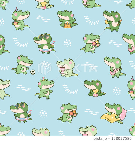 Kawaii crocodile seamless pattern. Funny crocodiles different poses, green wild cartoon animals. Print template for textile, fabric, nowaday vector background 138037586