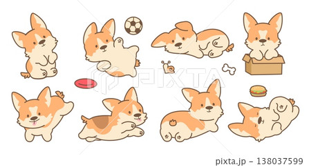 Funny kawaii puppies. Cute corgi puppy play, sitting in cardboard box, sleeping. Stickers with adorable dogs, children cartoon pets mascots, nowaday vector clipart 138037599