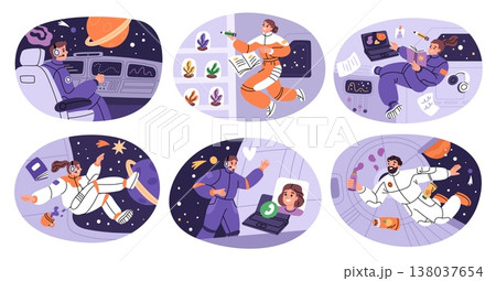 Astronauts characters in spaceship scenes. People in zero gravity aboard rocket, floating cosmonauts, shuttle interiors, futuristic spacecraft exploration garish vector cartoon isolated set Astronauts characters in spaceship scenes. People in zero gravity aboard rocket, floating cosmonauts, shuttle interiors, futuristic spacecraft exploration garish vector cartoon isolated set 138037654