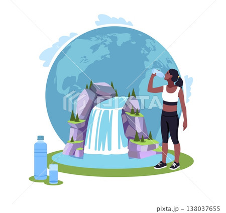 Athlete drinks clean water. Woman drinking spring purity mineral aqua, health care hydration after sport, fitness wellness, waterfall landscape, person thirst vector cartoon flat concept 138037655
