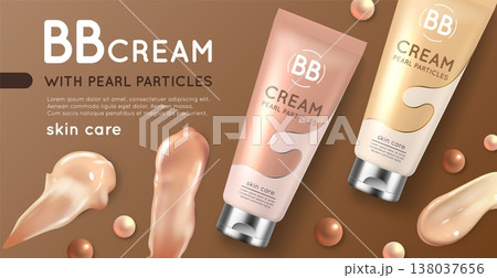 Bb cream poster. Facial skin care, masking pigmentation, foundation cream texture, product promotion banner design, glossy packaging, realistic isolated elements, vector concept 138037656