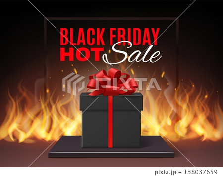 Black friday sales poster. Burning gift with red ribbon, discounts day, realistic elements. Gift box in flames, retail promotion, hot seasonal special offer, banner design vector 3d concept 138037659