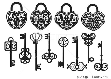 Black vintage keys icons. Stylized silhouettes, antique locks, decorative elements, various shapes, ornate lock picks, romantic security love symbol, decorative design, splendid vector set Black vintage keys icons. Stylized silhouettes, antique locks, decorative elements, various shapes, ornate lock picks, romantic security love symbol, decorative design, splendid vector set 138037660