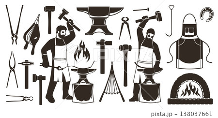 Blacksmith icons. Professionals working with metal black silhouettes, tools and protection, workshop equipment foundry, anvil, hammer and bellows, tidy vector flat style isolated set 138037661