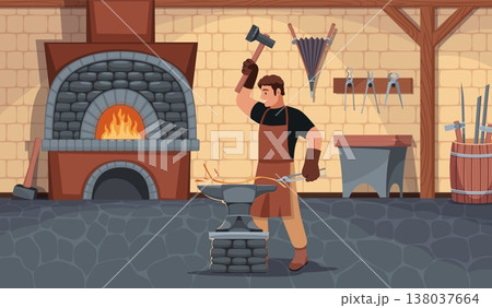 Blacksmith in shop. Professional in apron makes metal product, furnace with fire, strong man hits hammer on anvil, industrial labor workshop scene, tidy vector cartoon isolated concept 138037664