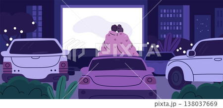 Car street cinema. Drive movie theater, romantic couple in evening parking, love and hugs, happy people wrapped in blanket, entertainment and leisure garish vector cartoon isolated concept Car street cinema. Drive movie theater, romantic couple in evening parking, love and hugs, happy people wrapped in blanket, entertainment and leisure garish vector cartoon isolated concept 138037669