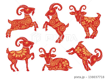 Goat year. Traditional chinese horoscope, patterned horned asian animal in different poses, red silhouettes, ornamental oriental zodiac folk symbol, splendid vector isolated decorative set Goat year. Traditional chinese horoscope, patterned horned asian animal in different poses, red silhouettes, ornamental oriental zodiac folk symbol, splendid vector isolated decorative set 138037718
