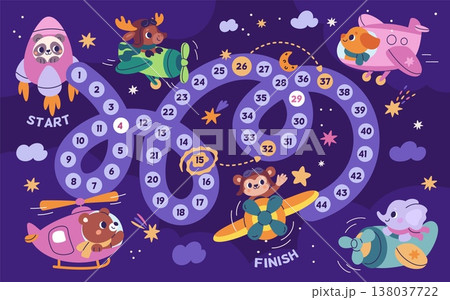 Kids game walker. Childish turn based dice game, printed board entertainment, animals on various flying vehicles, playful learning travel adventures garish vector cartoon flat style concept Kids game walker. Childish turn based dice game, printed board entertainment, animals on various flying vehicles, playful learning travel adventures garish vector cartoon flat style concept 138037722