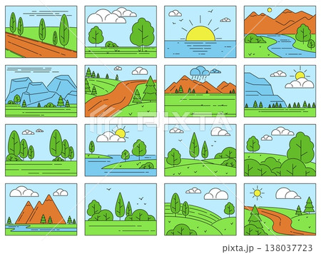 Landscape color icons. Linear travel places, outline nature elements, rivers, mountains and trees, simple design, environmental care background, qualitative vector flat style isolated set Landscape color icons. Linear travel places, outline nature elements, rivers, mountains and trees, simple design, environmental care background, qualitative vector flat style isolated set 138037723