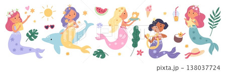 Little mermaids. Cute underwater princesses with colorful fish tails, mythical creatures, little sea girls with long hair, ocean fairy story personage garish vector cartoon isolated set 138037724