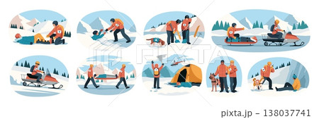 Mountains rescuers with equipment. Avalanche risk, people and dogs looking for victims in snow, evacuation for injured hikers, emergency transportation of wounded, tidy vector cartoon set 138037741
