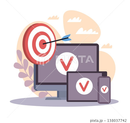 Multi targeting device. Cross network tracking and targeting, multi step authentication, goal achievement symbol, digital strategy on smartphone and computer vector cartoon isolated concept Multi targeting device. Cross network tracking and targeting, multi step authentication, goal achievement symbol, digital strategy on smartphone and computer vector cartoon isolated concept 138037742
