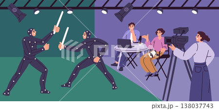 People make movie production. Recording of battle scene, actors with markers on green background, director, cameraman, professional lighting and camera garish vector cartoon flat concept People make movie production. Recording of battle scene, actors with markers on green background, director, cameraman, professional lighting and camera garish vector cartoon flat concept 138037743