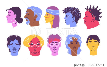 Profile and full face portraits. People avatars, men and women characters, contemporary colorful heads, doodle style modern bright persons, splendid vector cartoon isolated trendy set 138037751