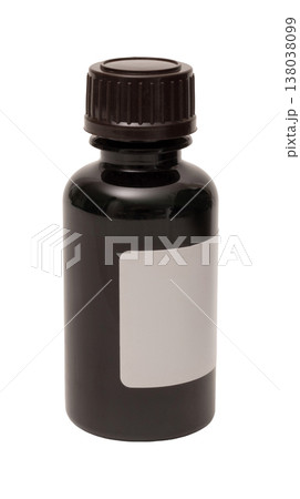 A black bottle with a screw cap is placed on a clear background. The bottle has a blank label, making it suitable for lab use or storage of liquids A black bottle with a screw cap is placed on a clear background. The bottle has a blank label, making it suitable for lab use or storage of liquids 138038099