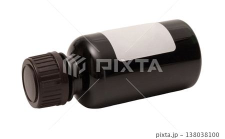 Black bottle with a white lid is shown on a plain background. The bottle has a blank label that allows for customization. It is suitable for product designs and branding Black bottle with a white lid is shown on a plain background. The bottle has a blank label that allows for customization. It is suitable for product designs and branding 138038100