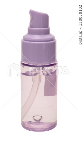 Bottle is made of transparent plastic and features a purple pump top. It is often used to hold liquids such as lotion, hair products, or skincare items and is ideal for travel 138038102