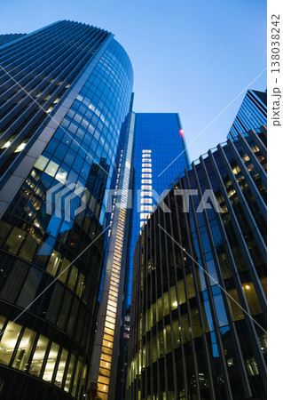 Low angle view of modern glass skyscrapers at twilight 138038242