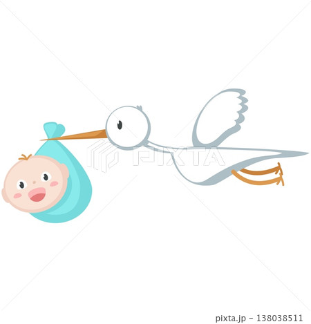 Stork carrying newborn vector cartoon flat icon 138038511