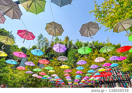 福岡県田川市にある三井寺境内につるされた風鈴と傘 138038558
