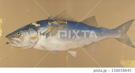 Stylized blue fish painted in soft tones with gentle shading and a textured natural background 138038645