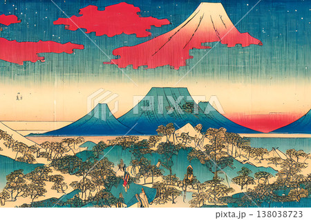 日本の浮世絵（空と山） 138038723
