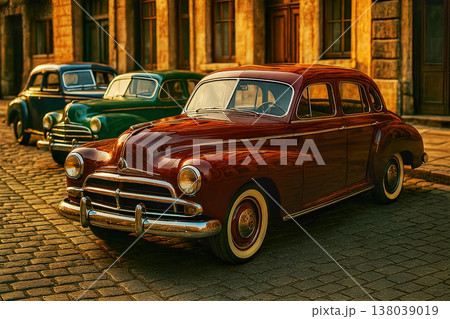 Three beautifully restored vintage cars, including a prominent maroon sedan, are parked on a charming cobblestone street in a historic old town setting during the warm evening light. 138039019