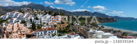 Wonderful landscapes of the shimmering sea and charming city unfold, offering breathtaking coastal views and a picturesque atmosphere in Nerja, Spain 138039164