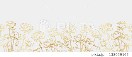 Luxury gold Lotus flowers background. Floral pattern tropical in line art style for greeting, invitation, wedding card, wall art, wallpaper and print. Vector illustration 138039165