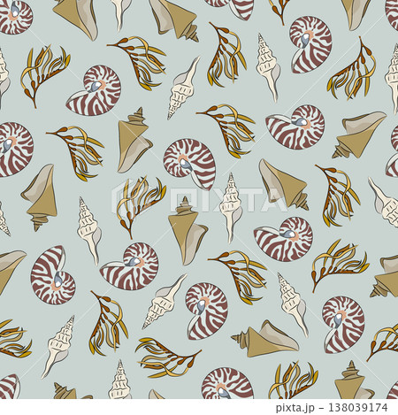 Seamless pattern marine with shells, seaweed, nautilus clams, and seaweed. Decorative flat vector illustration. Hand drawn, scribble. 138039174