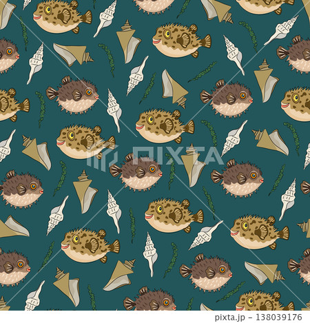Seamless pattern marine with pufferfish, shells and seaweed, cute sea animals, and seashells. Flat vector background. Hand drawn, scribble. 138039176