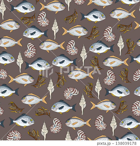Seamless pattern sea with fish, shells and seaweed, flat vector background with nautilus shells and tropical fish. Hand drawn, scribble. Seamless pattern sea with fish, shells and seaweed, flat vector background with nautilus shells and tropical fish. Hand drawn, scribble. 138039178