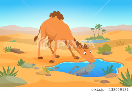 Desert background. Cartoon outdoor landscape with arabian animals camels exact vector illustration Desert background. Cartoon outdoor landscape with arabian animals camels exact vector illustration 138039181