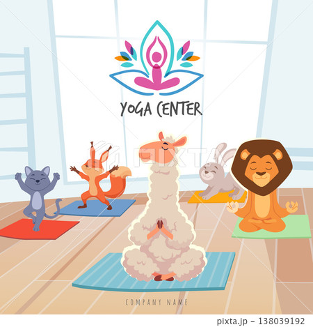 Yoga. wild animals in cartoon style making yoga exercises in room 138039192