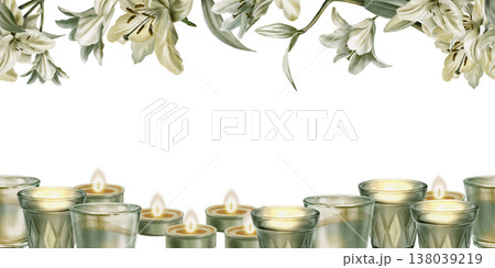Template of seamless border of white lilies in watercolor clipart as a symbol of purity and innocence.Decoration for funeral,wedding,Communion,christening,decoration of religious printed products 138039219