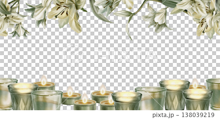 Template of seamless border of white lilies in watercolor clipart as a symbol of purity and innocence.Decoration for funeral,wedding,Communion,christening,decoration of religious printed products 138039219