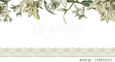 White lilies with leaves in seamless border,openwork lace ribbon,symbolizing purity,innocence,communion and marriage.Hand drawn watercolor illustration for chapel ceremonies,advertisements 138039222