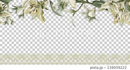 White lilies with leaves in seamless border,openwork lace ribbon,symbolizing purity,innocence,communion and marriage.Hand drawn watercolor illustration for chapel ceremonies,advertisements 138039222