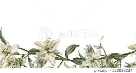 Template of seamless border of white lilies in watercolor clipart as a symbol of purity and innocence.Decoration for funeral,wedding,Communion,christening,decoration of religious printed products Template of seamless border of white lilies in watercolor clipart as a symbol of purity and innocence.Decoration for funeral,wedding,Communion,christening,decoration of religious printed products 138039224