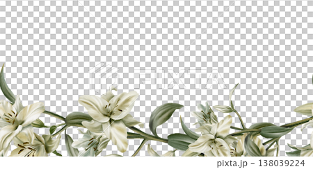 Template of seamless border of white lilies in watercolor clipart as a symbol of purity and innocence.Decoration for funeral,wedding,Communion,christening,decoration of religious printed products 138039224