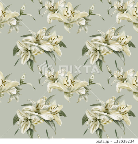 White lilies in seamless pattern in watercolor as a symbol of purity and innocence.Decoration for funeral,wedding,Communion,christening,decoration of religious printed products White lilies in seamless pattern in watercolor as a symbol of purity and innocence.Decoration for funeral,wedding,Communion,christening,decoration of religious printed products 138039234