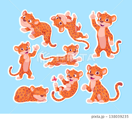 Leopard. cute cartoon panther or jaguar mascot in sticky tags for design projects Leopard. cute cartoon panther or jaguar mascot in sticky tags for design projects 138039235