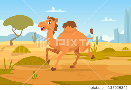 Camel in desert. outdoor cartoon wild happy animal running Camel in desert. outdoor cartoon wild happy animal running 138039245