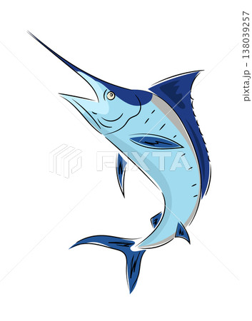 Image of jumping blue marlin, stylized flat vector illustration, sea sport fishing icon isolated on white background. Hand drawn, scribble. 138039257