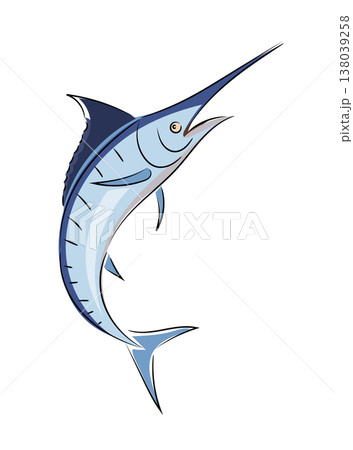 Image of jumping blue marlin, stylized flat vector illustration, sea sport fishing icon isolated on white background. Hand drawn, scribble. Image of jumping blue marlin, stylized flat vector illustration, sea sport fishing icon isolated on white background. Hand drawn, scribble. 138039258