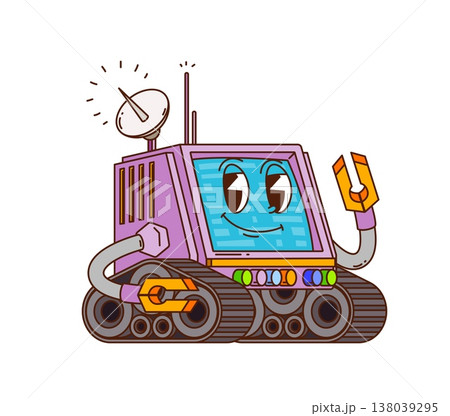 Cartoon groovy robot and droid character. Vibrant purple robot on tank treads with monitor head, satellite dish antenna, and gripper arms. Funky vector personage for quirky mascots, science project Cartoon groovy robot and droid character. Vibrant purple robot on tank treads with monitor head, satellite dish antenna, and gripper arms. Funky vector personage for quirky mascots, science project 138039295