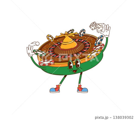 Cartoon groovy casino roulette wheel character. Funky vector personage in sneakers, juggling dice, casino chips, and a roulette ball. Retro psychedelic mascot for groovy casino branding, game graphic 138039302