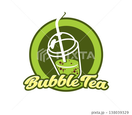Boba milk bubble tea drink icon. Matcha plastic cup with straw, tapioca pearls and bold cursive script on layered green circle emblem. Vector symbol of bubble tea shop branding and cafe menu Boba milk bubble tea drink icon. Matcha plastic cup with straw, tapioca pearls and bold cursive script on layered green circle emblem. Vector symbol of bubble tea shop branding and cafe menu 138039329