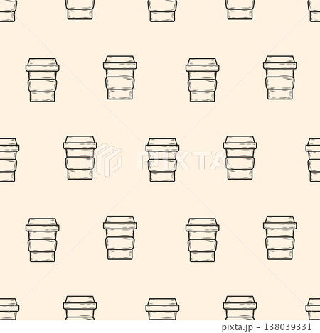 Seamless Coffee Cup Pattern in Line Art on Beige Background Seamless Coffee Cup Pattern in Line Art on Beige Background 138039331